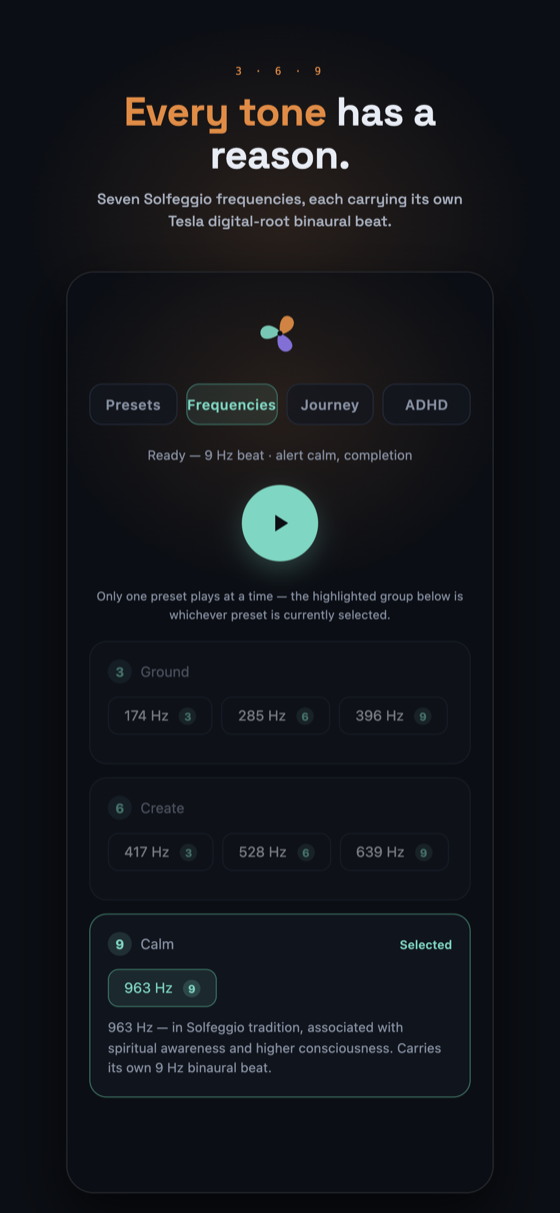 The Frequencies screen listing Solfeggio tones